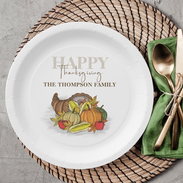 Assiettes En Carton Aquarelle Cornucopia Thankesgiving Custom (Happy Thanksgiving custom cornucopia paper plate with harvested vegetables. )