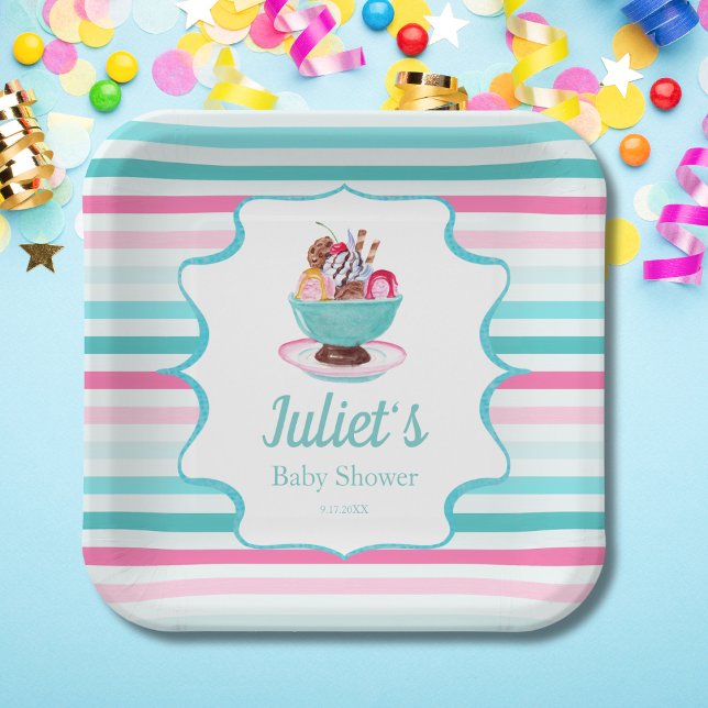 Assiettes En Carton Aquarelle Crème glacée Baby shower Sundae (Créateur téléchargé)