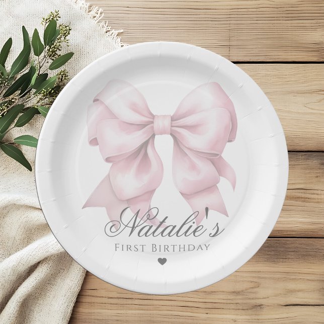 Assiettes En Carton Aquarelle customisée Dusty Rose Bow 1er anniversai (Créateur téléchargé)