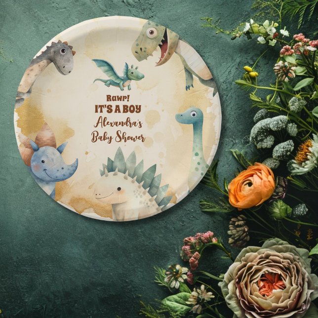 Assiettes En Carton Aquarelle Cute Dinosaur Baby shower Garçon de verd (Créateur téléchargé)