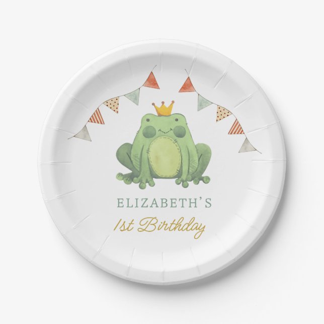 Assiettes En Carton Aquarelle Cute Frog 1er Anniversaire (Devant)