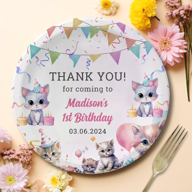 Assiettes En Carton Aquarelle Cute Kitty Chat 1er anniversaire (Créateur téléchargé)