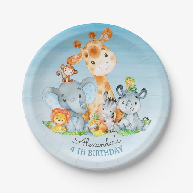 Assiettes En Carton Aquarelle Cute Safari Jungle Animaux Anniversaire (Devant)