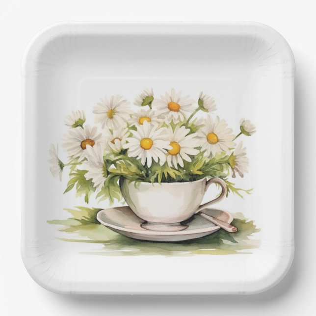 Assiettes En Carton Aquarelle Daisées En Coupe De Café (Recto)