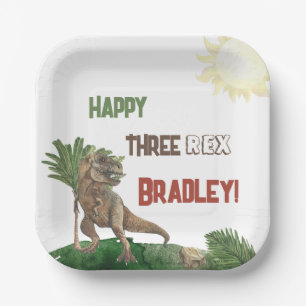 Assiettes En Carton Aquarelle d'anniversaire de trois Rex