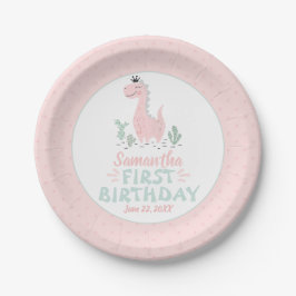 Assiettes En Carton Aquarelle d'anniversaire fille Dinosaure rose et t