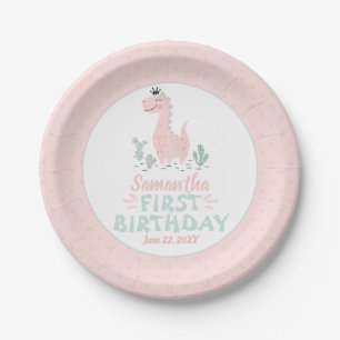 Assiettes En Carton Aquarelle d'anniversaire fille Dinosaure rose et t