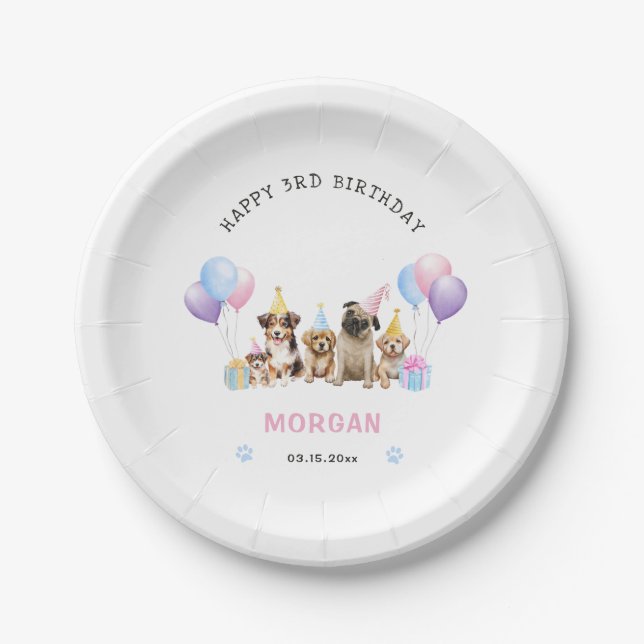Assiettes En Carton Aquarelle d'anniversaire rose chien paw-ty (Devant)
