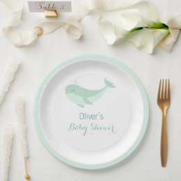 Assiettes En Carton Aquarelle de baleine Baby shower bleu vert
