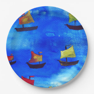 Assiettes En Carton Aquarelle de bateau bleu mer Plaques de papier per