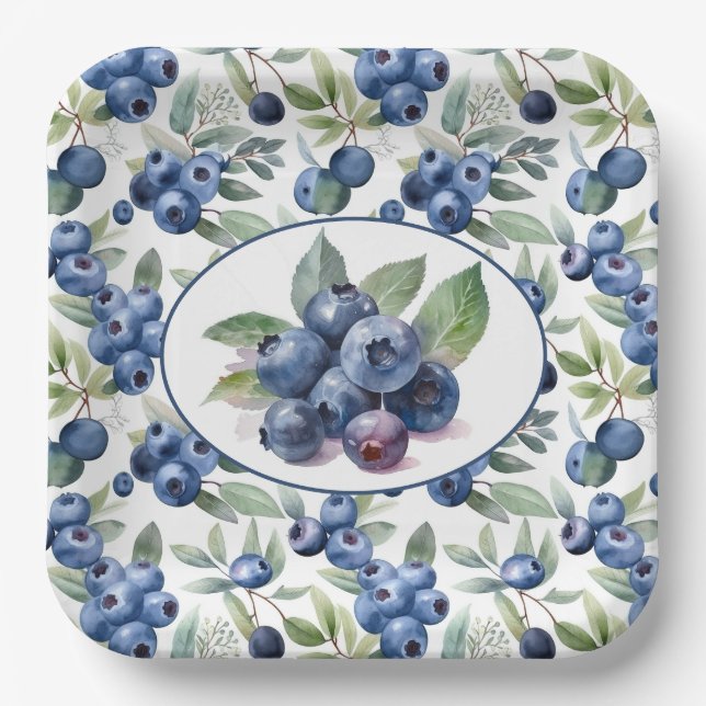 Assiettes En Carton Aquarelle de bleuets mignons (Recto)