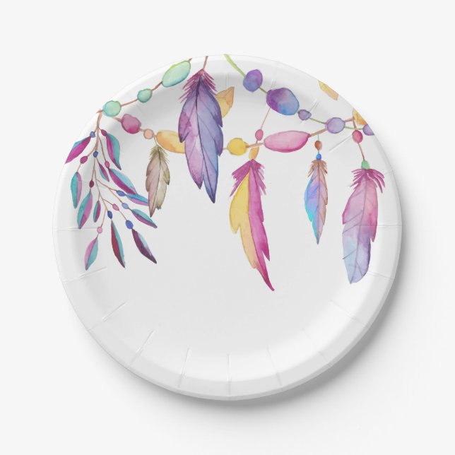 Assiettes En Carton Aquarelle de Boho Feather Indian Southwest (Devant)