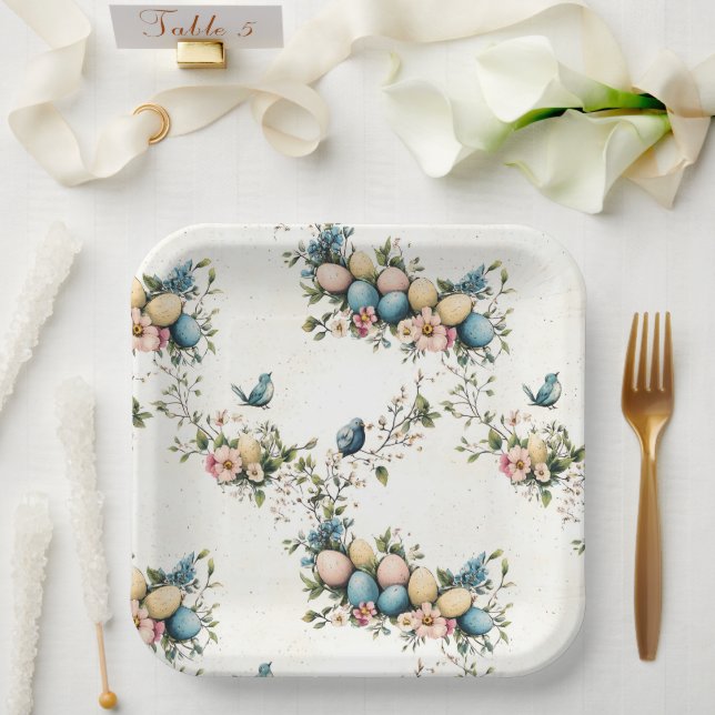 Assiettes En Carton Aquarelle de charme Oiseaux de Pâques et printemps (Mariage)