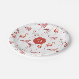 Assiettes En Carton Aquarelle de Flamant rose rose tropicale monogramm
