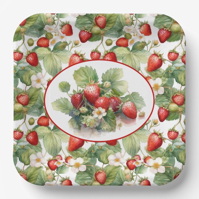 Assiettes En Carton Aquarelle de fraises mûres (Recto)