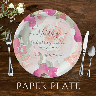 Assiettes En Carton Aquarelle de framboise rose pâle Mariage floral