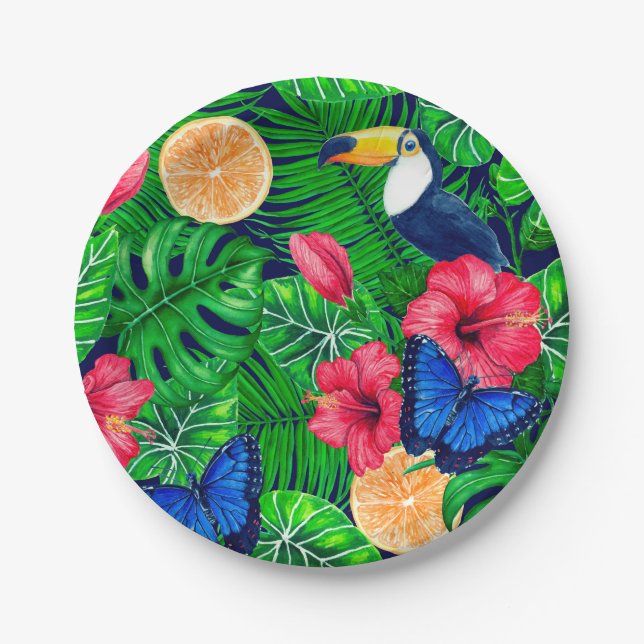 Assiettes En Carton Aquarelle de jardin toucan et tropical (Devant)