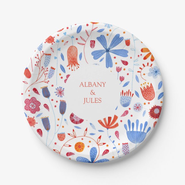 Assiettes En Carton Aquarelle de la feuille de fleurs (Devant)