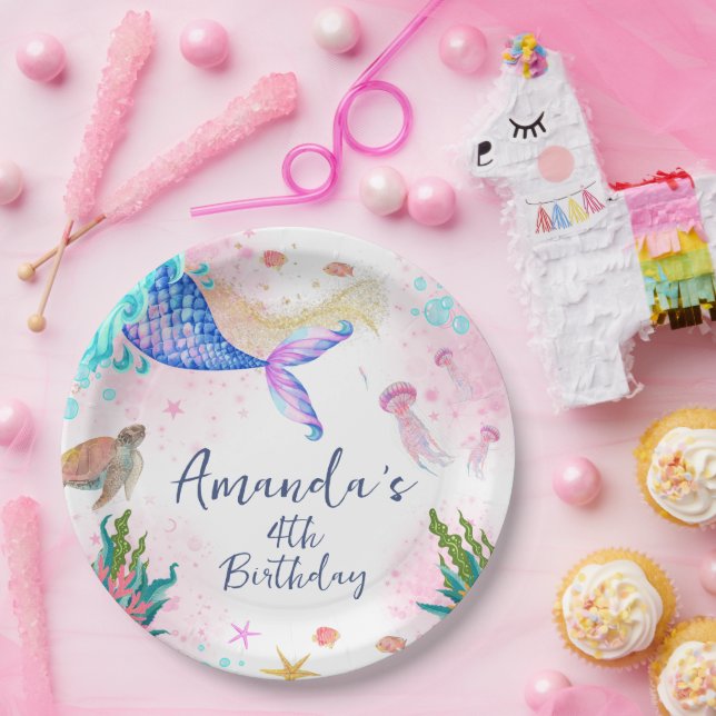 Assiettes En Carton Aquarelle de la queue de sirène Anniversaire sous  (Fête)