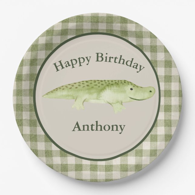 Assiettes En Carton Aquarelle de l'alligator mignonne Nom Anniversaire (Devant)