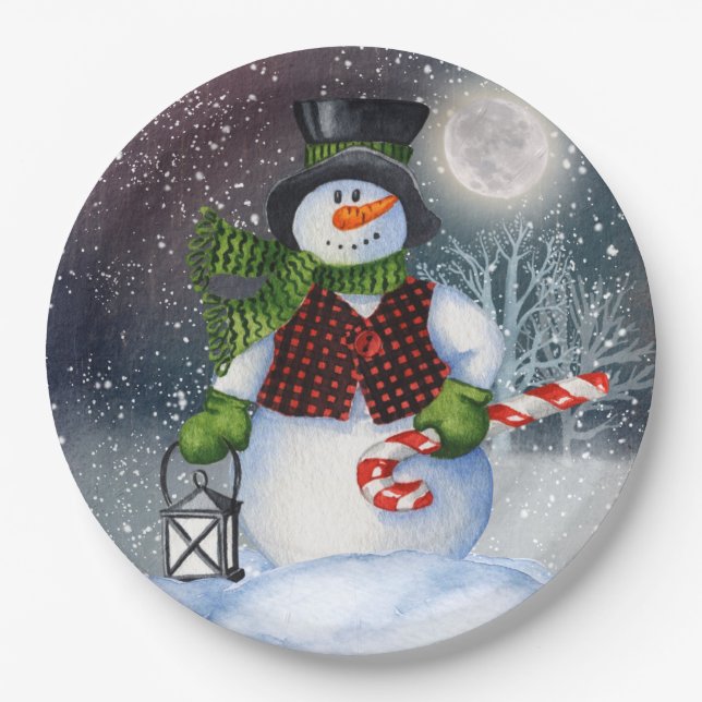 Assiettes En Carton Aquarelle de neige Noël d'hiver (Devant)