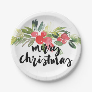 Assiettes En Carton Aquarelle de Noël - houx de Joyeux Noël