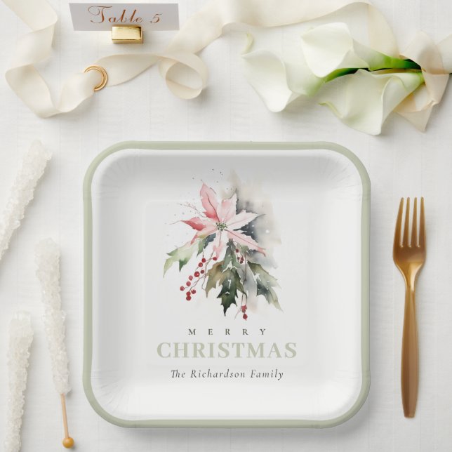 Assiettes En Carton Aquarelle de Noël Poinsettia Berries Folithe (Mariage)