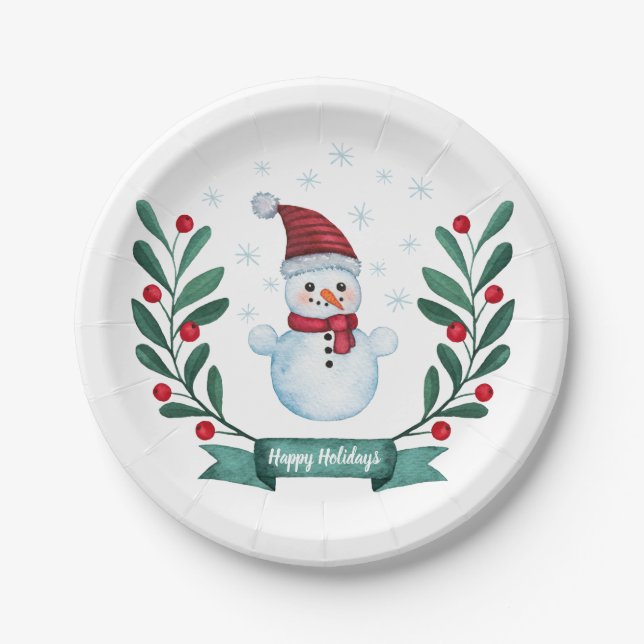 Assiettes En Carton Aquarelle de Noël Snowman Custom (Devant)