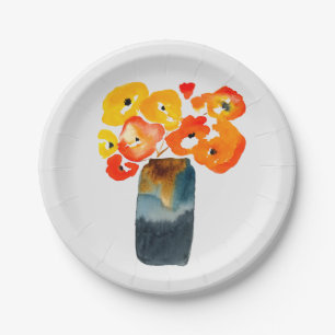 Assiettes En Carton Aquarelle de pavot orange et rouge