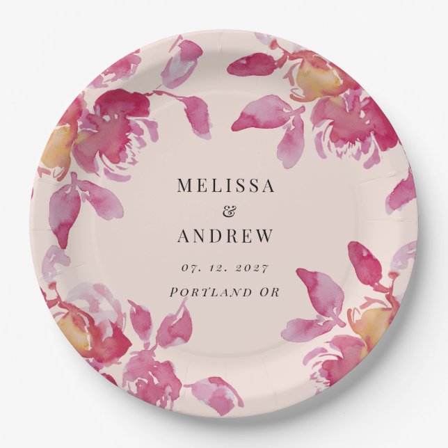 Assiettes En Carton Aquarelle de Rose clair Mariage moderne (Devant)