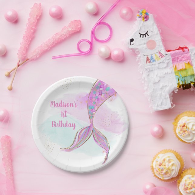Assiettes En Carton Aquarelle de sirène rose pourpre Anniversaire (Fête)