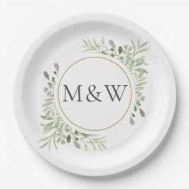 Assiettes En Carton Aquarelle de verdure Feuillage Monogramme Initiale