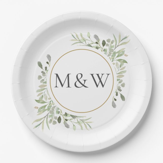 Assiettes En Carton Aquarelle de verdure Feuillage Monogramme Initiale (Devant)