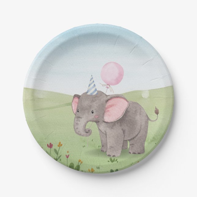 Assiettes En Carton Aquarelle d'éléphant mignonne (Devant)