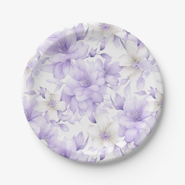 Assiettes En Carton Aquarelle délicate Fleurs violettes (Devant)