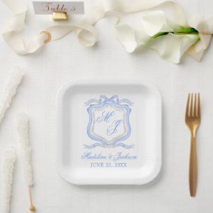 Assiettes En Carton Aquarelle Designer Blue Monogram Crest Mariage