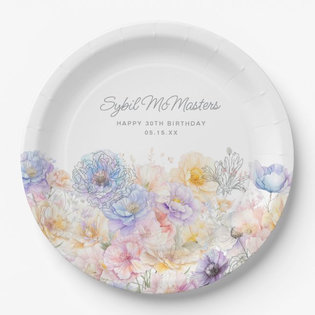 Assiettes En Carton Aquarelle d'été 30e anniversaire Floral Custom (Devant)