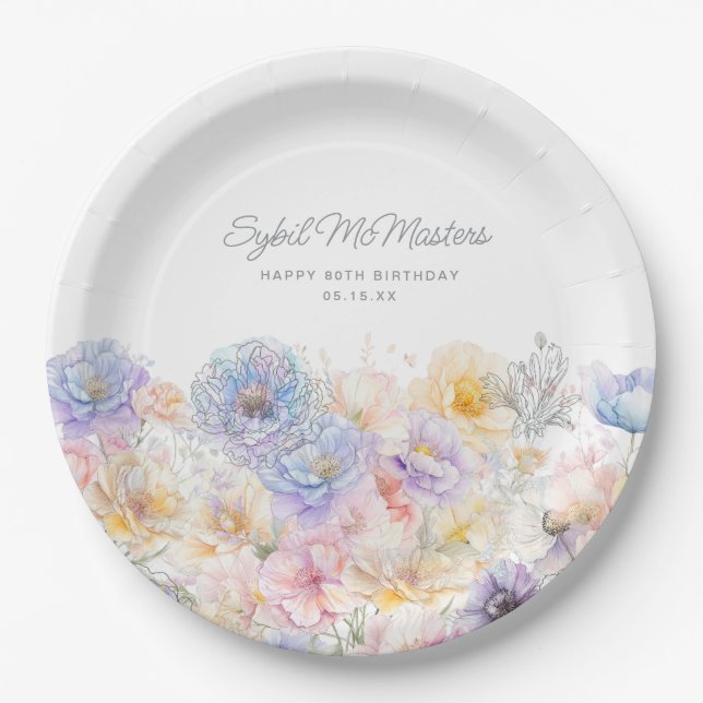 Assiettes En Carton Aquarelle d'été 80e anniversaire Floral Custom (Devant)