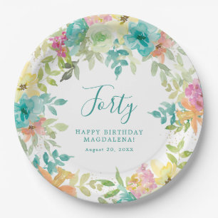 Assiettes En Carton Aquarelle d'été Floral Custom 40e anniversaire