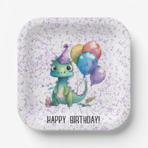 Assiettes En Carton Aquarelle Dinosaure Ballons Fille fête d'anniversa