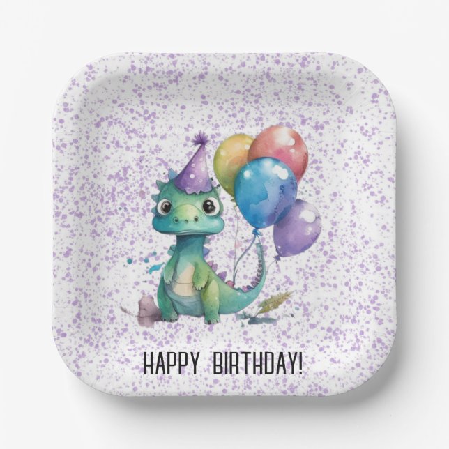 Assiettes En Carton Aquarelle Dinosaure Ballons Fille fête d'anniversa (Recto)
