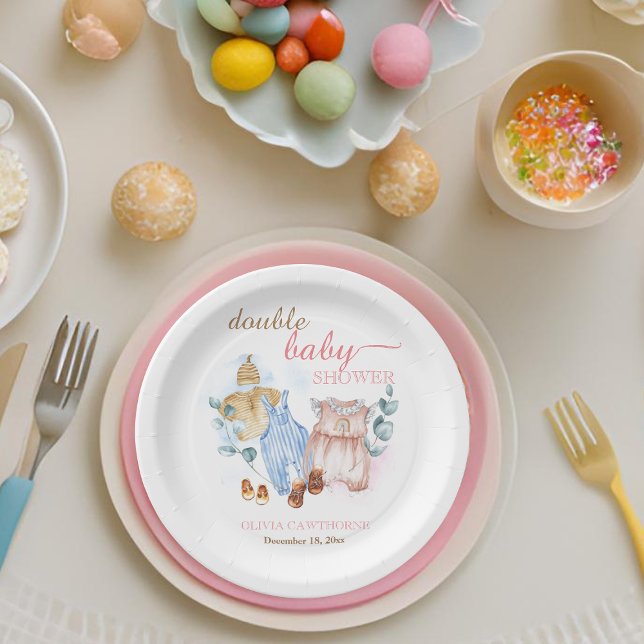 Assiettes En Carton Aquarelle double Baby shower bleu rose (Créateur téléchargé)