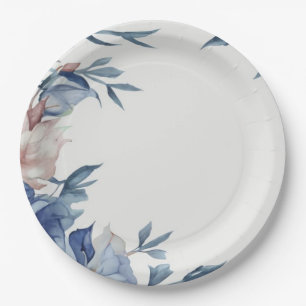 Assiettes En Carton Aquarelle douce Floral bleu