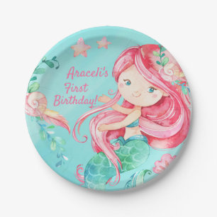 Assiettes En Carton Aquarelle douce sous mer Sirène fille Anniversaire