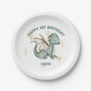 Assiettes En Carton aquarelle dragon et étoiles joyeux journal d'anniv