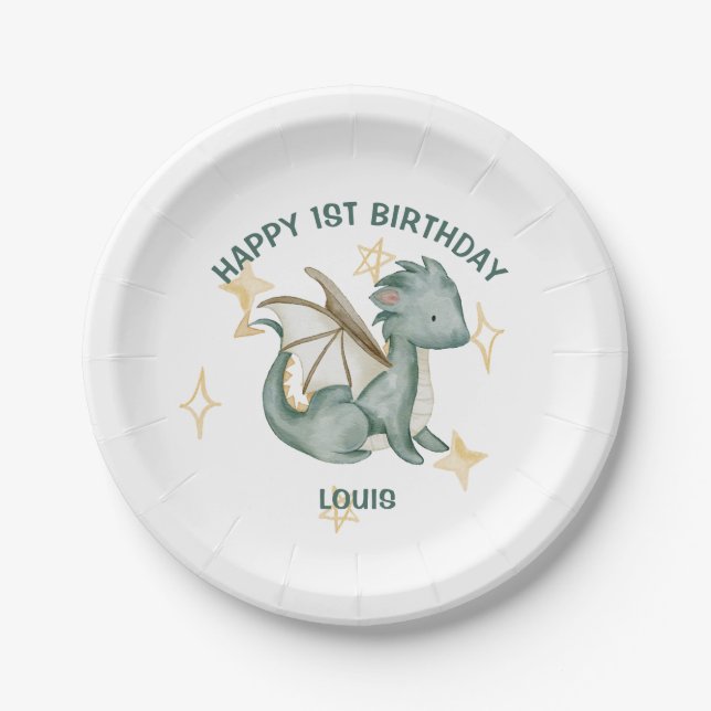 Assiettes En Carton aquarelle dragon et étoiles joyeux journal d'anniv (Devant)