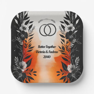 Assiettes En Carton Aquarelle dramatique Mariage Floral Orange Noir
