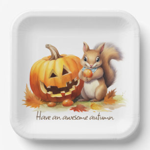 Assiettes En Carton Aquarelle Écureuil d'automne avec Jack-o-lanterne