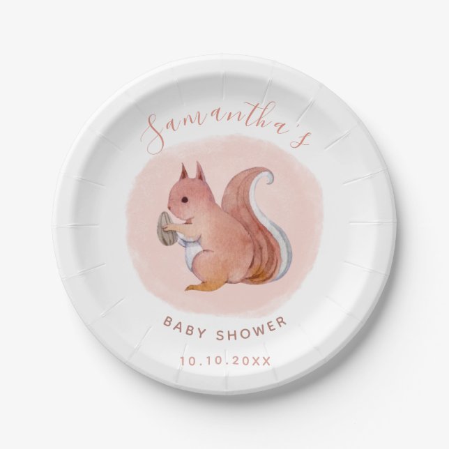 Assiettes En Carton Aquarelle Écureuil rose Baby shower animal mignon (Devant)
