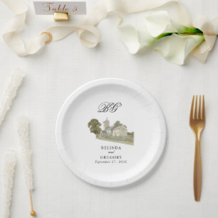 Assiettes En Carton Aquarelle Eglise traditionnelle Monogramme Mariage